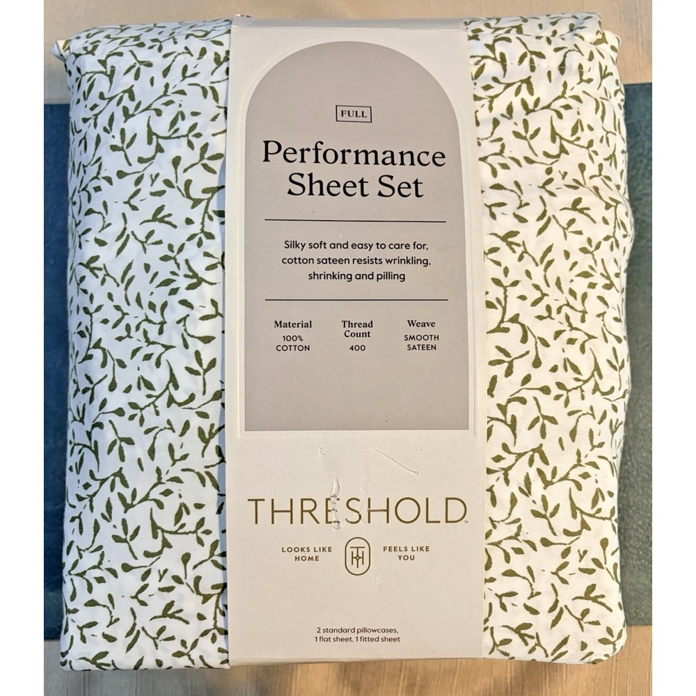 Threshold Cotton Sateen Full Sheet Set - Green Vine - New / Open Box